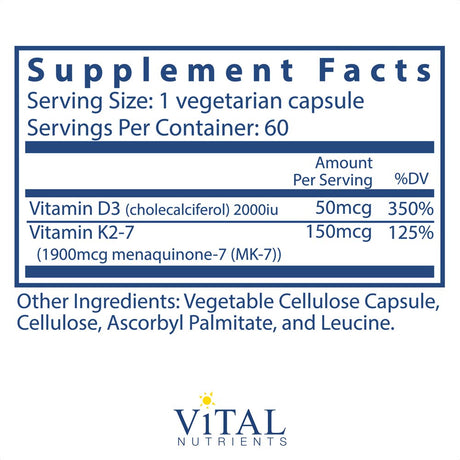 Vital Nutrients - K2-7 + D3 Vitamin - Bone and Blood Clotting Support - 60 Capsules per Bottle