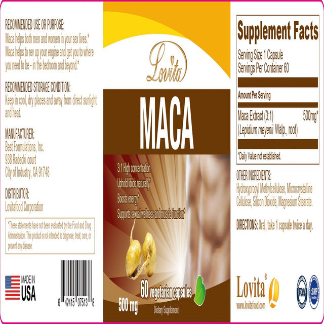 Lovita Maca Root Extract 1500Mg, Energy, Performance & Mood Supplement for Men & Women, Supports Reproductive Health, 60 Vegetarian Capsules (Pack of 3)