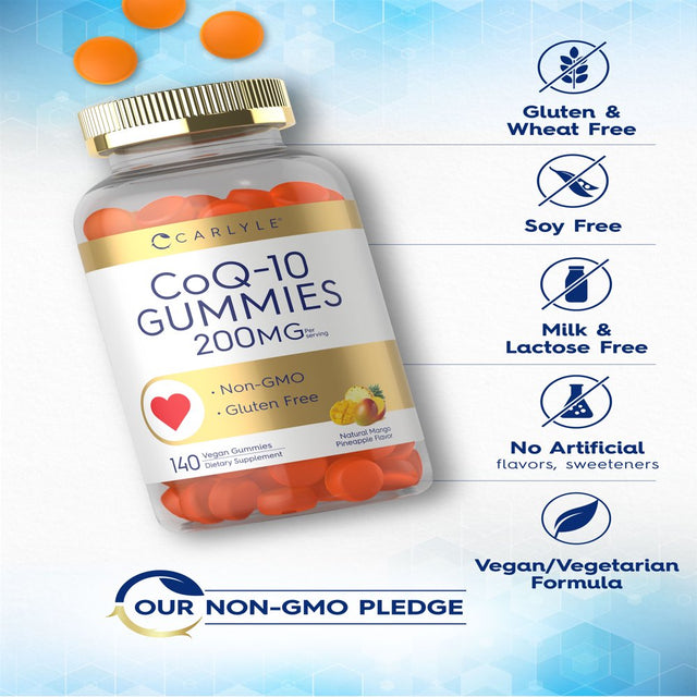 Coq10 Gummies 200 Mg | 140 Count | Natural Mango Pineapple Flavor | Vegan Formula | by Carlyle