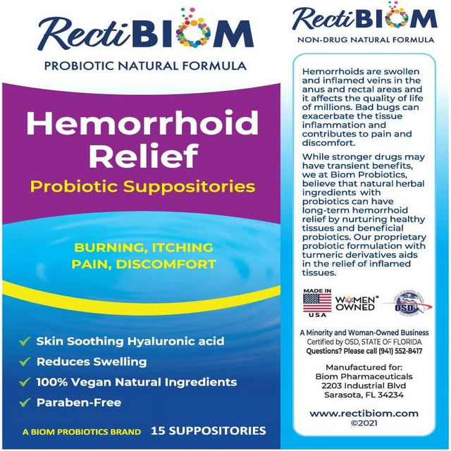 Biom Probiotics Rectibiom Probiotic Hemorrhoid Relief Suppositories, Natural Hyaluronic Acid Suppositories with Turmeric Extract, 15 Count