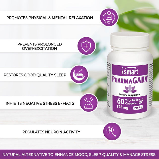 Supersmart - Natural GABA Supplement 125 Mg per Day (Gamma Aminobutyric Acid) - with Pharmagaba - Anxiety & Stress Relief | Non-Gmo & Gluten Free - 60 Vegetarian Capsules