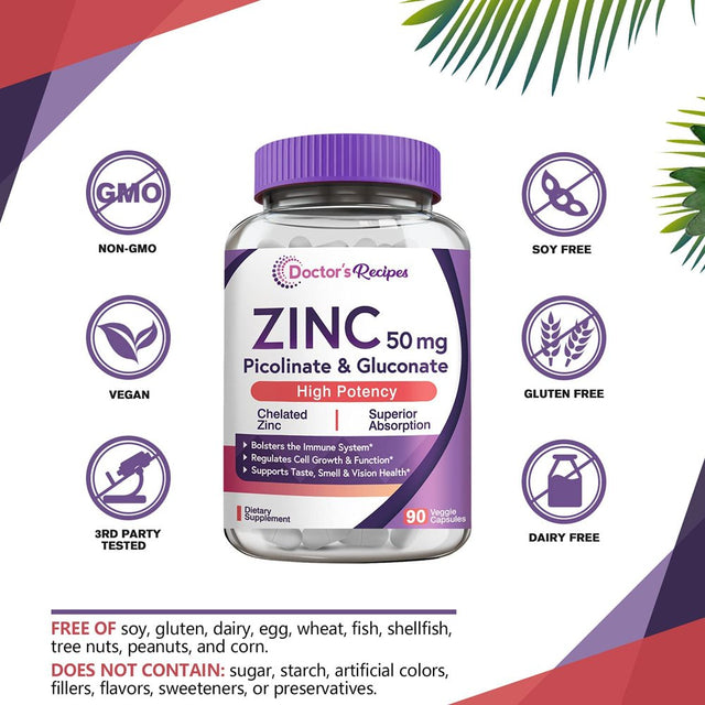 Doctor S Recipes Zinc Capsules 50 Mg from Highly Absorbable Zinc Picolinate & Gluconate, Supports Natural Immune Defense, DNA & Protein Formation, Cell Growth, Non-Gmo No Dairy 90 Veggie Caps