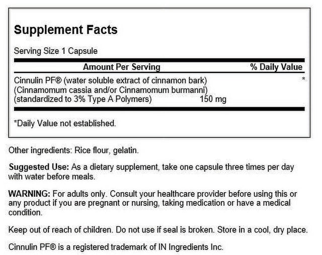 Swanson Cinnulin PF Cinnamon Extract - Herbal Supplement Promoting Blood Sugar Support - Helps Maintain Glucose Levels Already within the Normal Range - (120 Capsules, 150Mg Each)