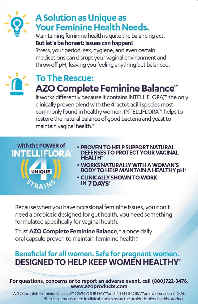 AZO Complete Feminine Balance Daily Probiotics for Women, Clinically Proven to Help Protect Vaginal Health, Helps Balance Ph and Yeast, 30 Count