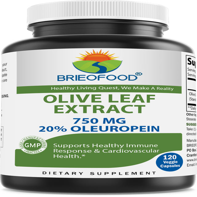 Brieofood Olive Leaf Extract 750 Mg - 20% Oleuropein - Immune Support - 120 Veggie Capsules