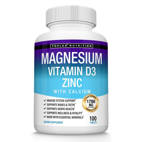 Toplux Magnesium Zinc Vitamin D3 Calcium - Support Bone & Muscle Health, Immune System 100 Tablets