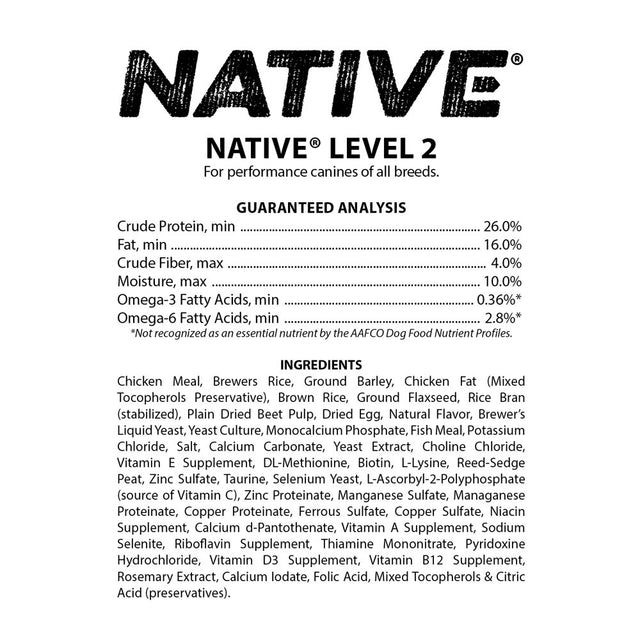 Native Performance Dog Food Level 2 Chicken Meal and Rice Formula 40Lbs