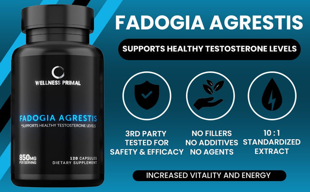 Fadogia Agrestis 850Mg per Serving (120 Capsules) Maximum Strength Extract Supports Healthy Testosterone Levels and Athletic Performance Made in the USA by Wellness Primal (3 Bottle)