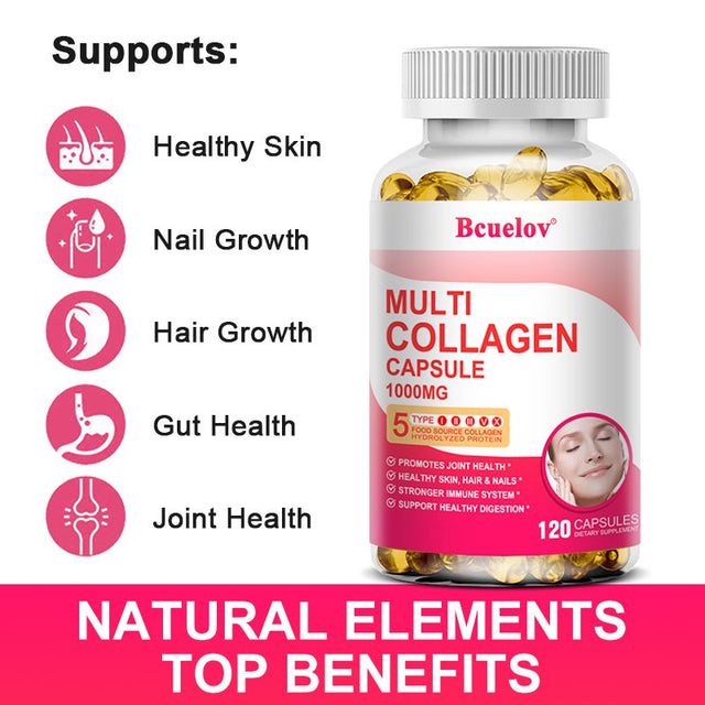 Bcuelov Collagen Complex Types I, II, III, V & X - Contains Pure Hydrolyzed Marine Collagen Peptides - for Skin, Nails, Hair, Gut, Joint Health