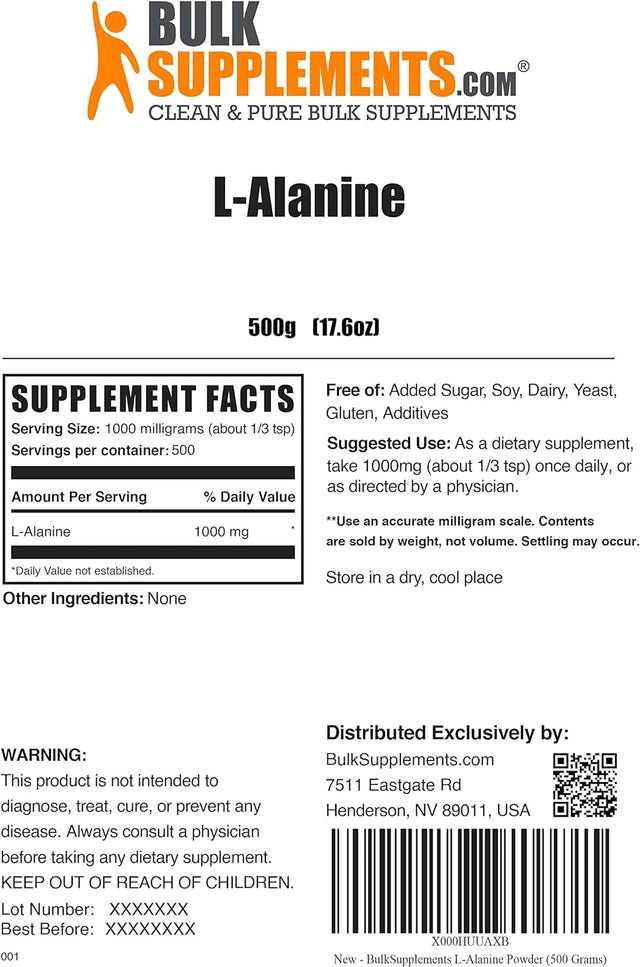 BULKSUPPLEMENTS.COM L-Alanine Powder - Amino Acids Powder - Unflavored Pre Workout - Vegan Amino Acid Powder - Amino Acid Nutritional Supplements (500 Grams - 1.1 Lbs)