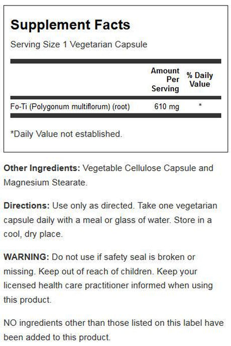 Solaray Fo-Ti 610 Mg | Healthy Liver, Kidney, Hormone & Longevity Support | Hair, Skin & Nails | Vegan | 100 Vegcaps