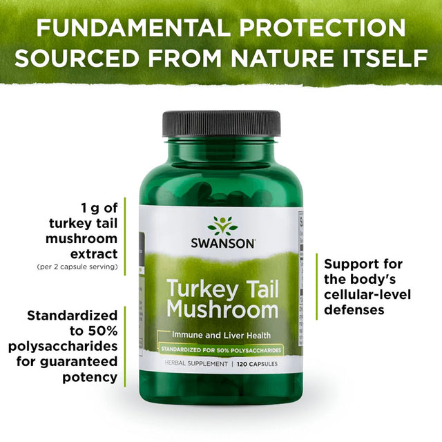 Swanson Turkey Tail Mushroom Extract Standardized to 45% Beta Glucans Capsules to Maintain Immune Health, 500 G, 120 Count