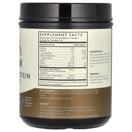 Terra Origin Collagen +Protein Bone Broth, Chocolate, 18.27 Oz (518 G)