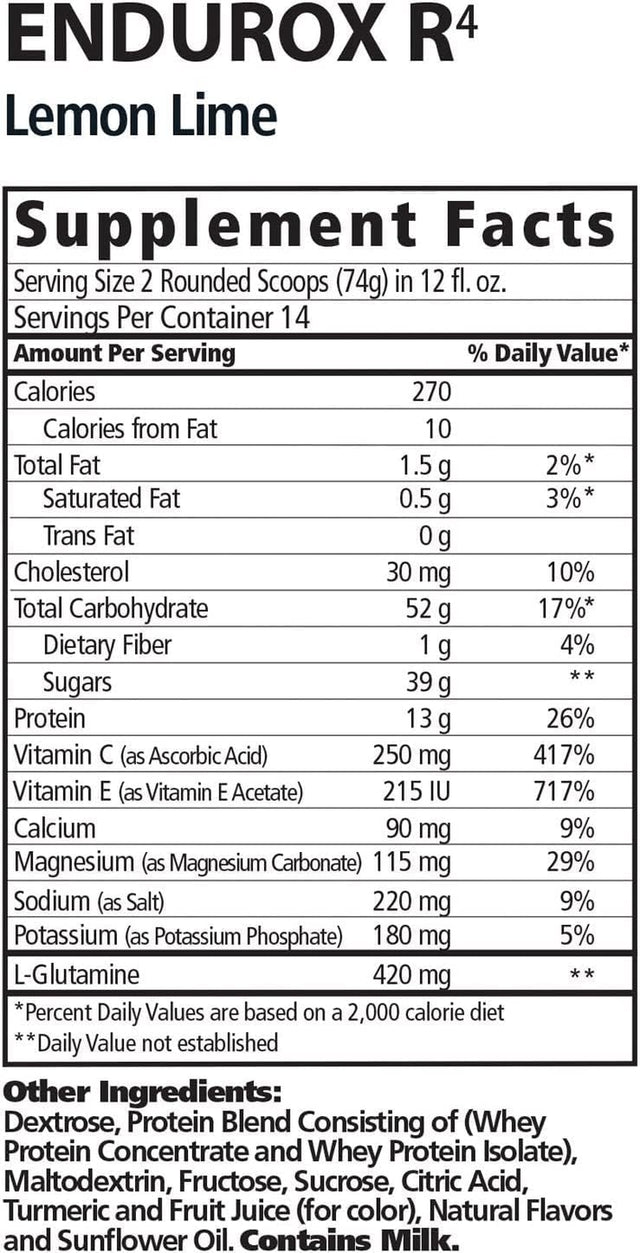 Pacifichealth Endurox R4, All Natural Post Workout Recovery Drink Mix with Protein, Carbs, Electrolytes and Antioxidants for Superior Muscle Recovery, Net Wt. 4.56 Lb, 28 Serving (Lemon Lime)