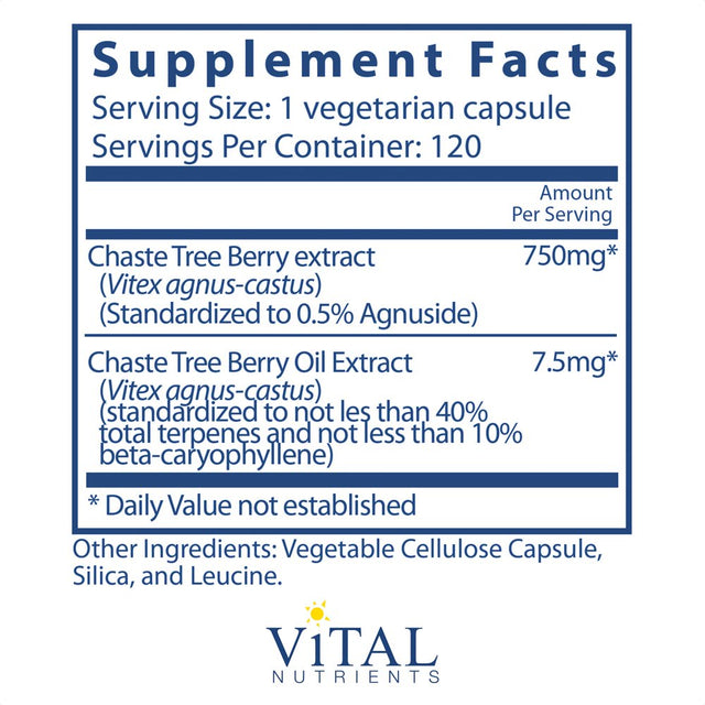 Vital Nutrients - Vitex 750 (Chaste Tree Berry Extract) - Female Hormone Support - 120 Vegetarian Capsules per Bottle