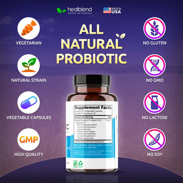 Healblend Probiotics for Digestive Health Support, 11.5 Billion CFU per Serving: DE111, Lactobacillus, Bifidobacterium, Acidophilus Probiotic Supplement, 60 Capsules