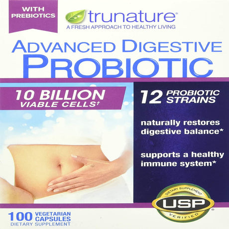 Trunature Advanced Digestive Probiotic, 100 Capsules 12 Strains, 10 Billion Viable Cells