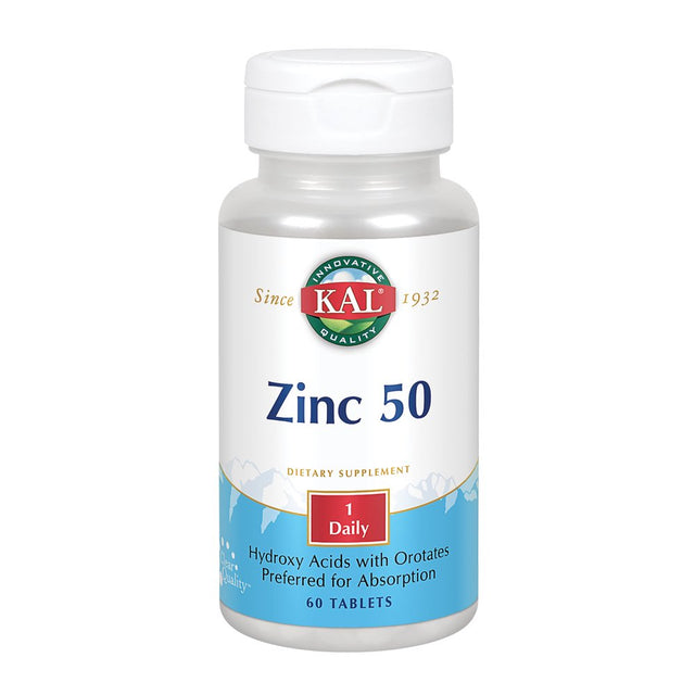 KAL Zinc 50 Hydroxy Acids W/ Orotates | Healthy Metabolism & Immune System Function Support | Preferred for Absorption | Vegetarian | 60 Tablets