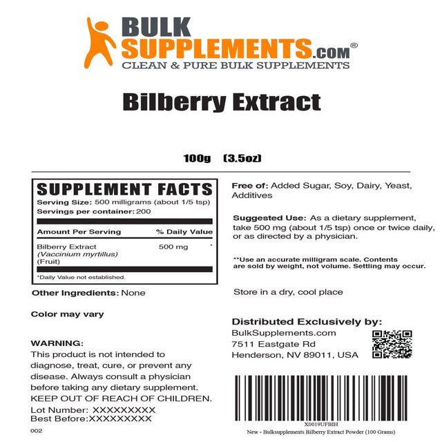 Bulksupplements.Com Bilberry Extract Powder - Eye Pressure Support - Antioxidant Powder - Eye Supplement (100 Grams - 3.5 Oz)