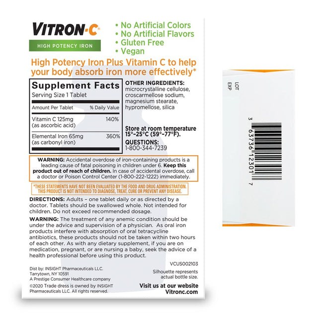 Vitron-C Iron Supplement, Once Daily, High Potency Iron plus Vitamin C, 60 Count