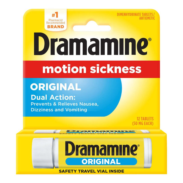 Dramamine Original, Motion Sickness Relief, Travel Vial, 12 Count