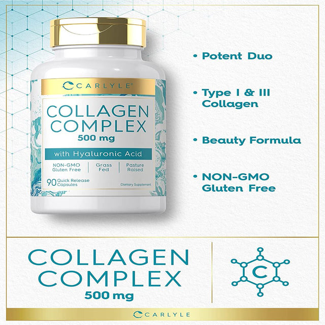 Collagen with Hyaluronic Acid 500Mg | 90 Capsule Pills | Hydrolyzed Collagen Supplement | Non-Gmo, Gluten Free | by Carlyle