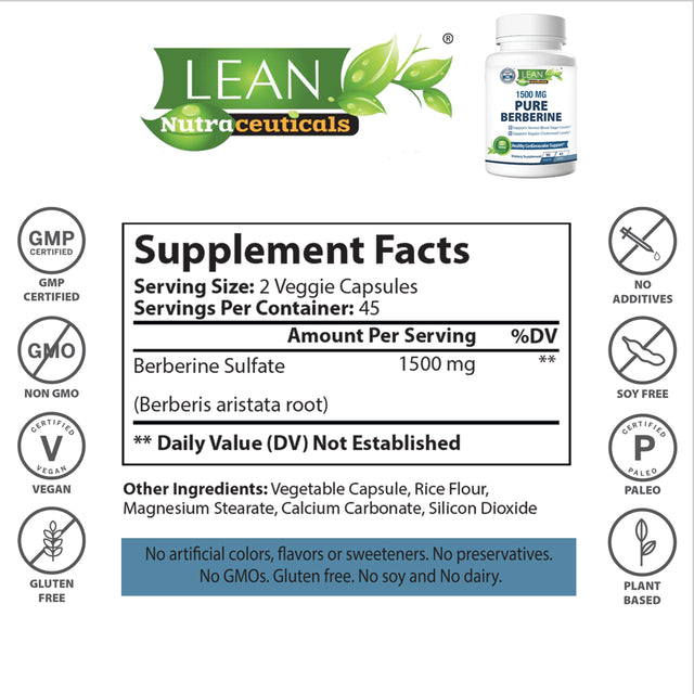 Lean Nutraceuticals Berberine 1200Mg 60 Capsules Supplement - Support Blood Sugar & Cholesterol Levels Already Whithin Normal Range