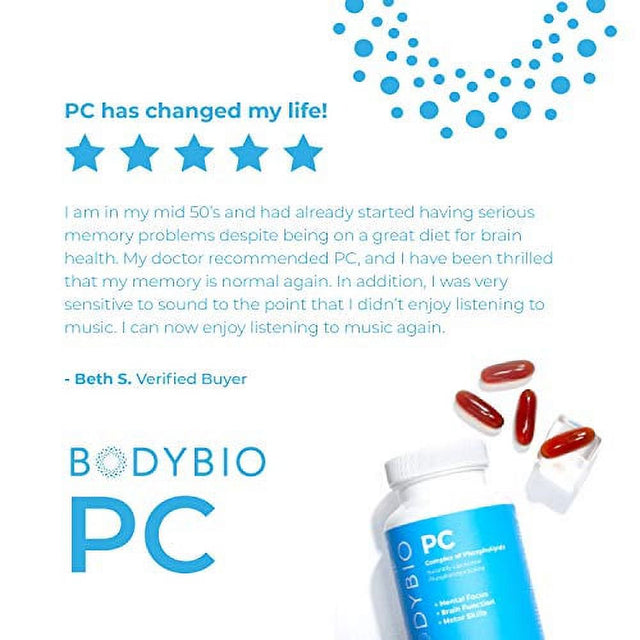 Bodybio - PC Phosphatidylcholine + Phospholipids - Liposomal for High Absorption - Optimal Brain & Cell Health - Boost Memory, Cognition, Focus & Clarity - 100% Non-Gmo - 60 Softgels