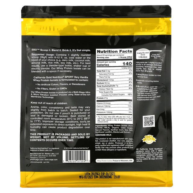 California Gold Nutrition 100% Whey Protein Isolate, Very Vanilla Flavor, 2 Lbs (907 G)