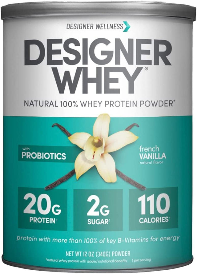 Designer Wellness Designer Whey Natural 100% Whey Protein Powder with Probiotics , Fiber, and Key B-Vitamins for Energy, Gluten-Free, Non-Gmo, French Vanilla 12 Oz