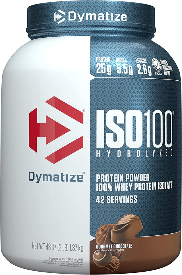 Dymatize ISO100 Hydrolyzed Protein Powder, 100% Whey Isolate Protein, 25G of Protein, 5.5G Bcaas, Gluten Free, Fast Absorbing, Easy Digesting, Gourmet Chocolate, 3 Pound