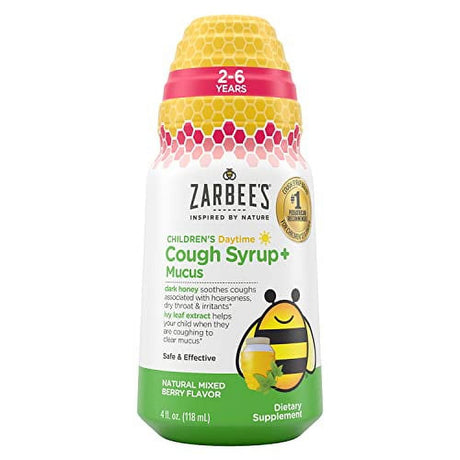 Zarbeeâ€™S Kids Cough + Mucus Daytime for Children 2-6 with Dark Honey, Ivy Leaf, Zinc & Elderberry, 1 Pediatrician Recommended, Drug & Alcohol-Free, Mixed Berry Flavor, 4FL Oz