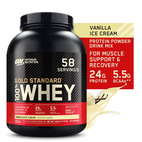 Optimum Nutrition Gold Standard 100% Whey Protein Powder, Vanilla Ice Cream, 24G Protein, 58 Servings