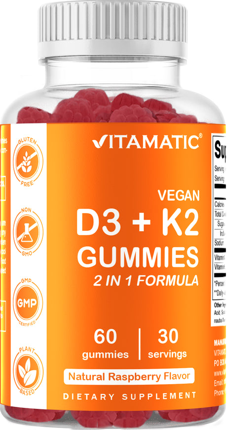 Vitamatic Vitamin D3 K2 Gummies - 60 Count - Supports Healthy Bone, Heart & Calcium Absorption, & Immune Health - Plant Based, Non-Gmo, Gluten Free