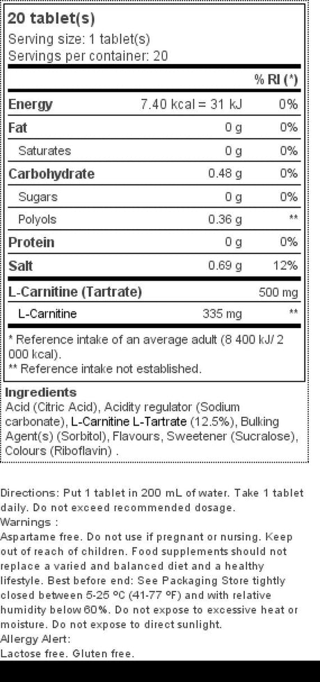 L-Carnitine Effervescent 500Mg - 20 Tablets - Lemon - Biotech