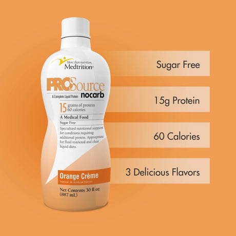 Liquid Collagen Peptides Type I, III 15 Grams Protein per Oz. |Prosource Nocarb Orange Crème Bottle Medtrition|