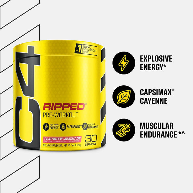 Cellucor C4 Ripped Pre Workout Powder Raspberry Lemonade | Creatine Free + Sugar Free Preworkout Energy Supplement for Men & Women | 150Mg Caffeine + Beta Alanine| 30 Servings