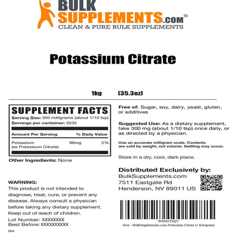 Bulksupplements.Com Potassium Citrate Powder, 300Mg - Electrolyte Supplement (1KG - 3333 Serv)