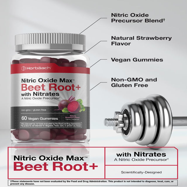 Nitric Oxide Beet Root Gummies | 60 Count | with Nitrates | Natural Strawberry Flavor | by Horbaach