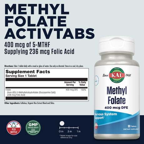 KAL Methyl Folate 400 Mcg | 5-MTHF Active Form | Healthy Heart, Mind, Mood & Prenatal Support | 90 Tablets