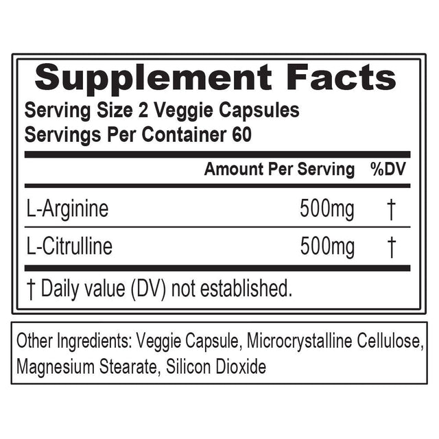 Evlution Nutrition L-Arginine + L-Citrulline - Endurance + Workout Performance Supplement - 500Mg Complex - Vasodilation + Nitric Oxide Support - Vegan + Gluten Free Capsules - 60 Servings