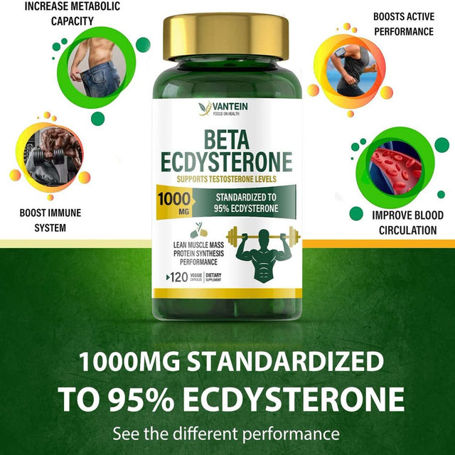 Ecdysterone Supplement 1000Mg, 2Pack Natural Anabolic Dietary Supplement - Improve Muscle Mass and Mood Boost, Enhanced Absorption - Total 240 Veg Caps