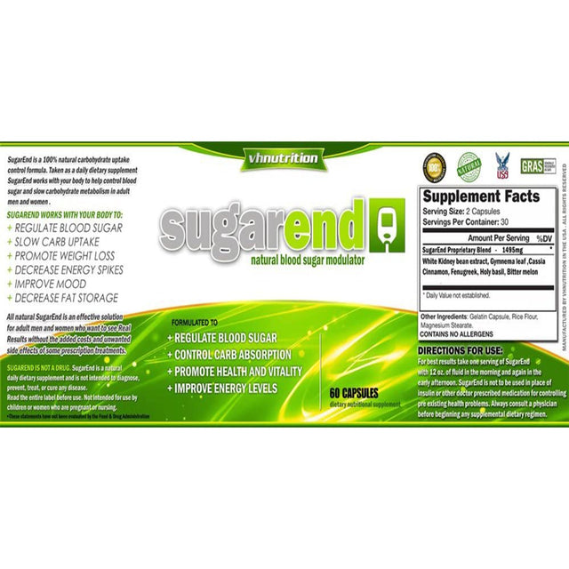 Sugarend Natural Blood Sugar Support Supplement - Premium Blood Sugar Modulator, Carb & Sugar Blocker - 60 Capsules