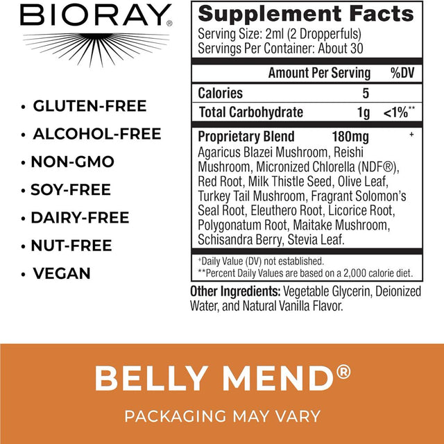 Daily Belly Mend - 2 Fl Oz - 11-Strain Probiotic Blend with Medicinal Mushrooms - Supports Healthy Gut & Bowel Functions - Non-Gmo, Vegetarian, Gluten Free