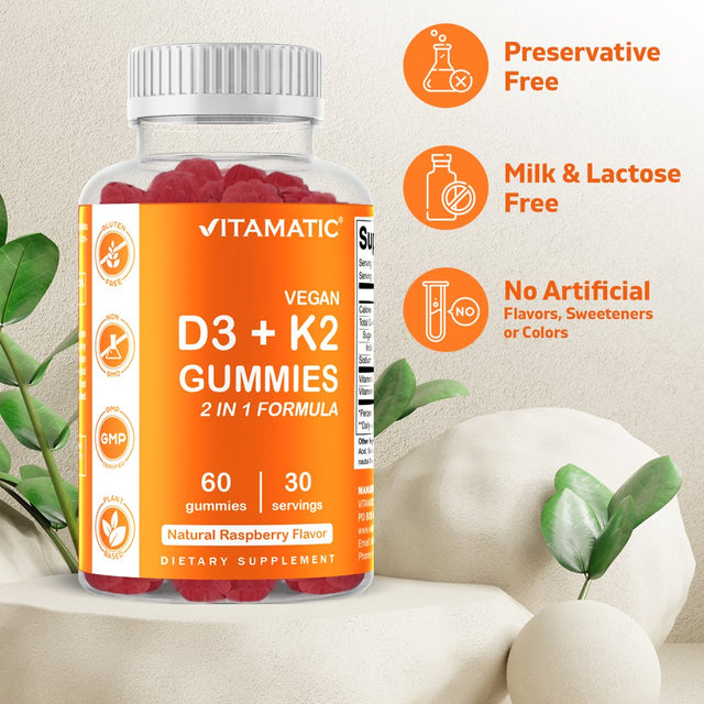 Vitamatic Vitamin D3 K2 Gummies - 60 Count - Supports Healthy Bone, Heart & Calcium Absorption, & Immune Health - Plant Based, Non-Gmo, Gluten Free