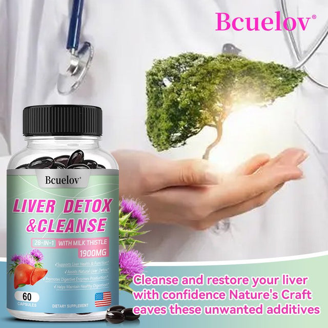 Bcuelov Liver Cleanse Detox & Repair - 28+ Herbs - Premium Liver Health Formula - Liver Support Detox Cleansing Supplement