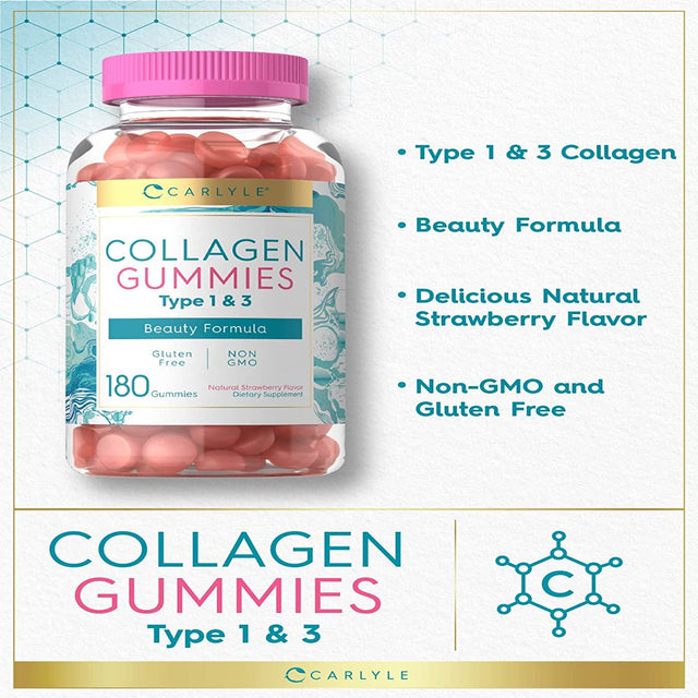 Collagen Gummies | 180 Count | Type 1 & 3 | Strawberry Flavored | by Carlyle