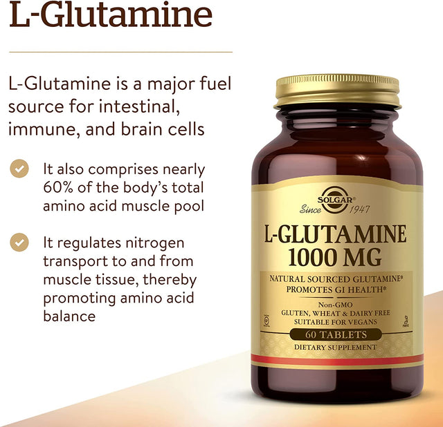 Solgar L-Glutamine 1000 Mg, 60 Tablets - Natural Muscle Food - Promotes Gastrointestinal (GI) Health - Supports Brain Health - Non-Gmo, Vegan, Gluten Free, Dairy Free, Kosher - 30 Servings