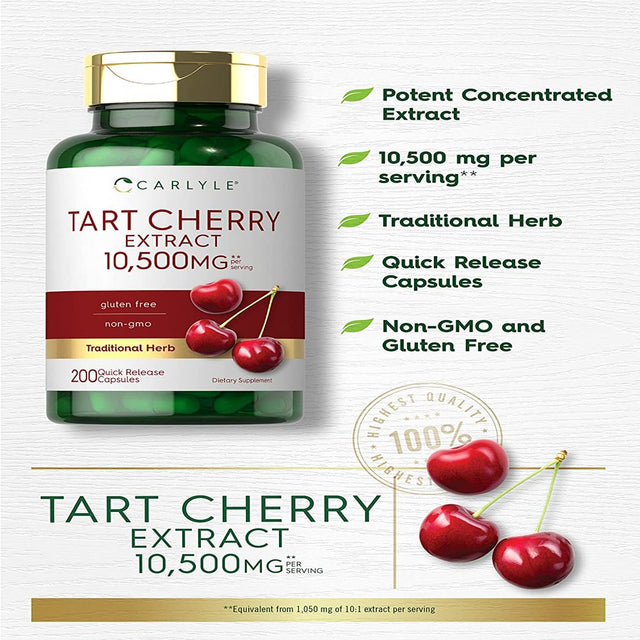 Tart Cherry Capsules | 10,500 Mg | 200 Pills | Non-Gmo, Gluten Free| by Carlyle