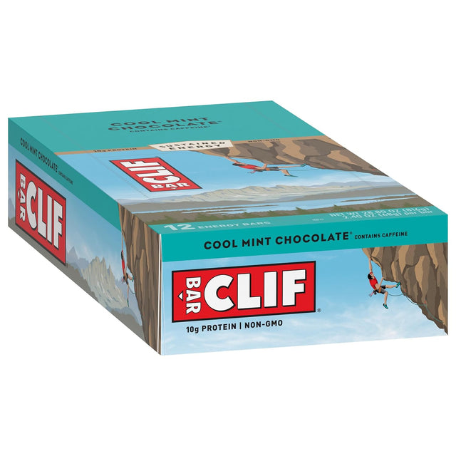 CLIF BAR - Cool Mint Chocolate with Caffeine - Made with Organic Oats - 10G Protein - Non-Gmo - Plant Based - Energy Bars - 2.4 Oz. (12 Count)